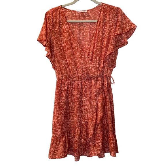 ALL IN FAVOR | Cross Over Tie Front Ruffle Midi Patterned Sundress | Orange | M - Picture 1 of 13